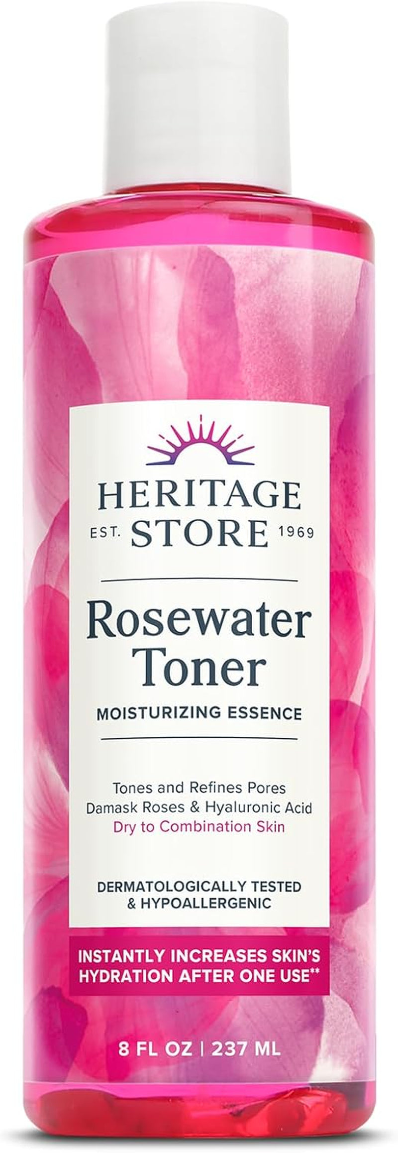 HERITAGE STORE Rosewater Facial Toner with Hyaluronic Acid, Dry to Combination Skin, Hydrating Toner Refines Pores, Minimizes Look of Fine Lines and Wrinkles, Hypoallergenic, Vegan, Cruelty Free, 2Oz