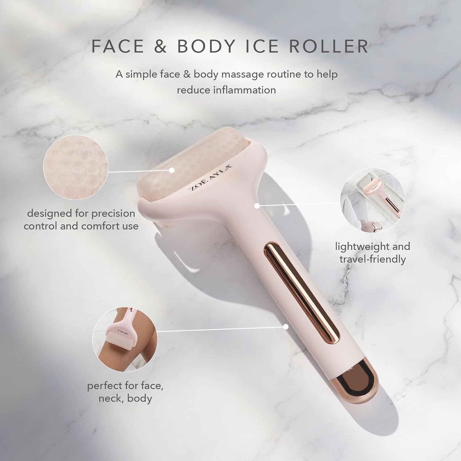 Zoe Ayla Face and Body Ice Roller - Skin Tightening and Rejuvenating Massager for Sunburn Relief, Sore Muscle Soothing, and Puffy Eye Treatment - Versatile for Whole Body Application